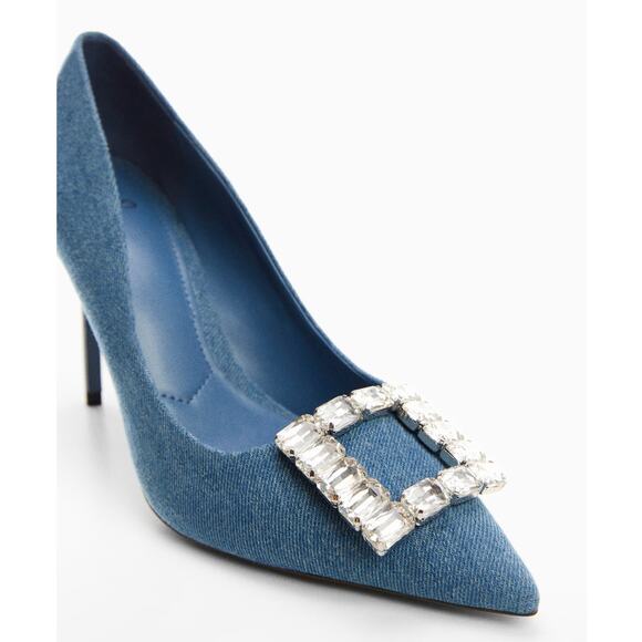 MANGO Denim Crystal Buckle Heels NWT – Embellished Pointed Toe Pumps, Size 8.5 - Picture 11 of 12